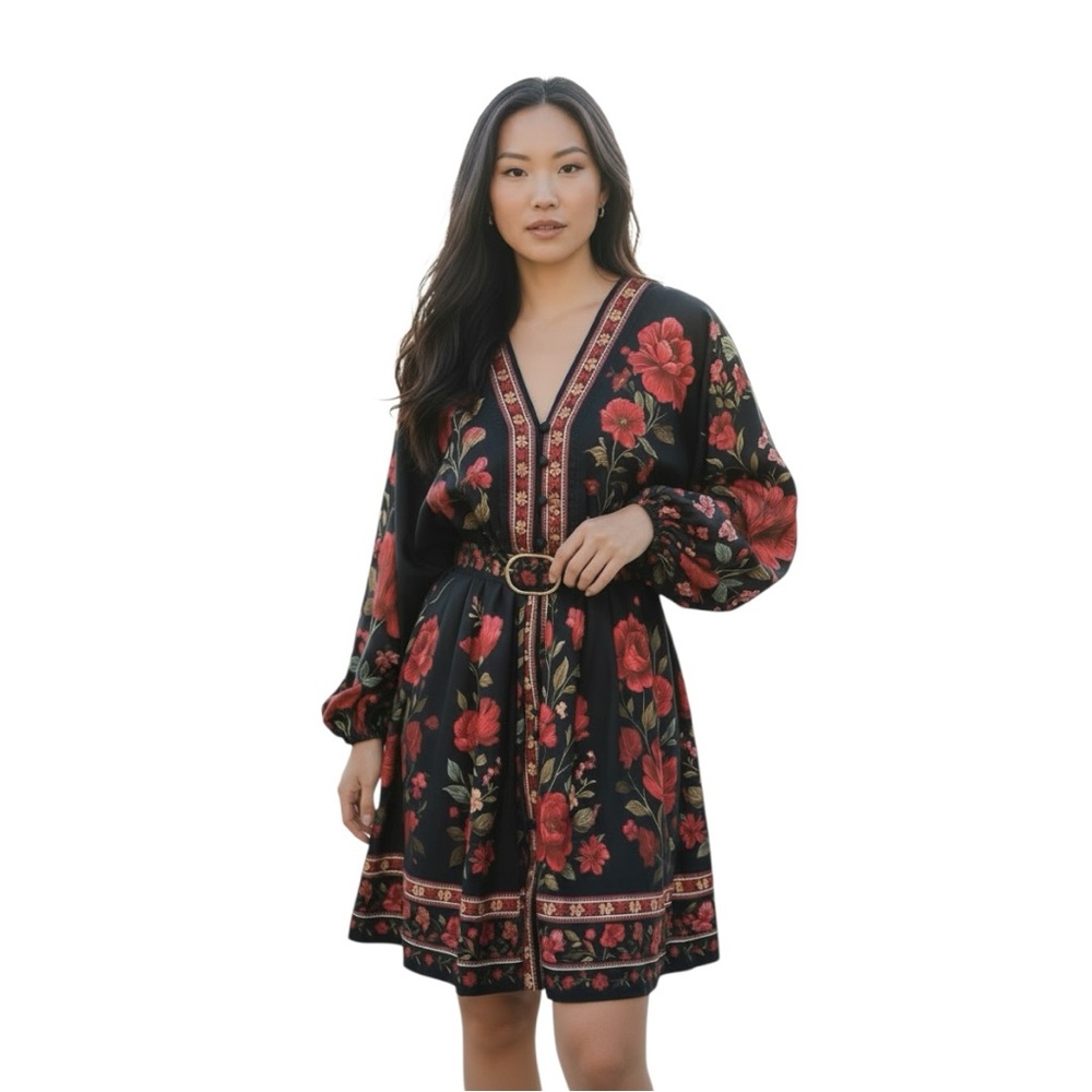 Active Seller! Dalia MacPhee Floral Black and Red Women's Fit and Flare Dress
